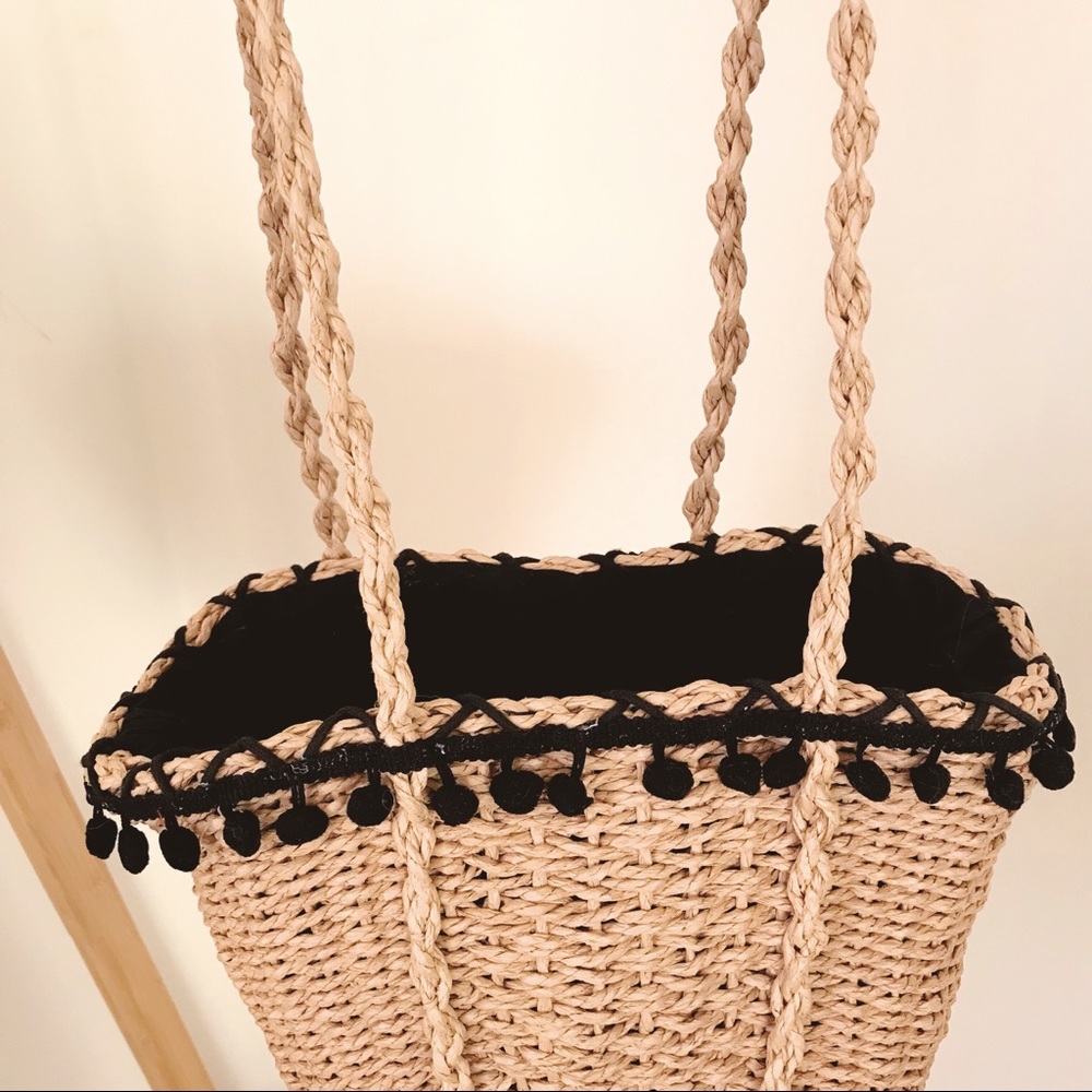 RESTOCKED Straw Woven Basket Bag with Pom Poms - Picture 4 of 6
